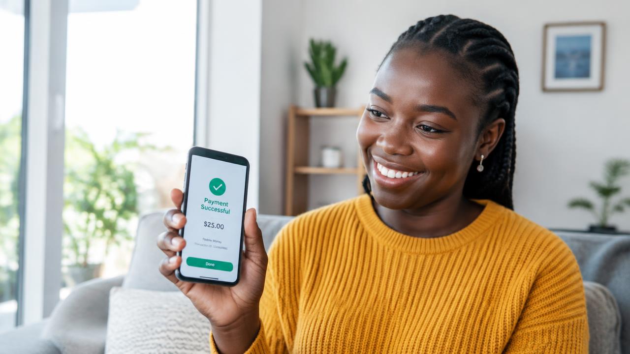 Shopper holding a phone showing a successful mobile money payment