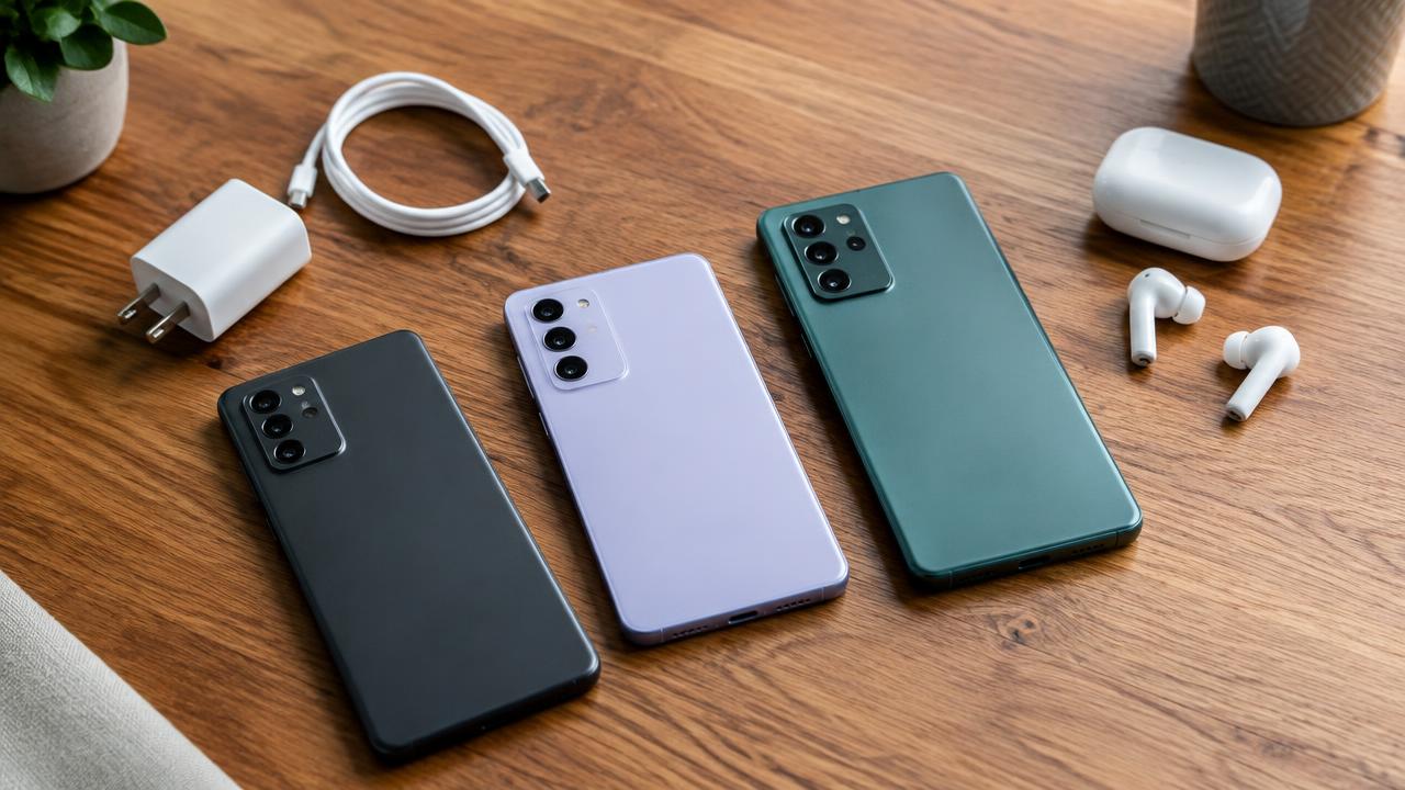 Three budget smartphones on a table with a charger and earbuds